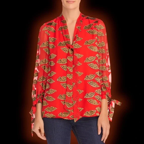Alice + Olivia ‘Sheila’ Leopard Lips Red Burnout Tie-Neck Top Size XS ASO Kelly - Picture 16 of 16